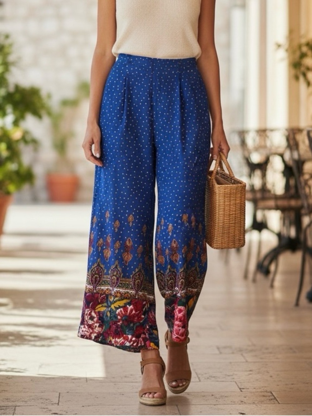 Anthropologie ETT TWA Wide Leg Floral Viscose Pants Boho Beachy Sz 6